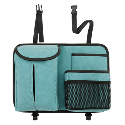 Turquoise car seat back storage organizer bag with two hanging straps and mesh side pocket