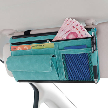 Turquoise car visor storage pouch, open front with mesh pocket and card slots