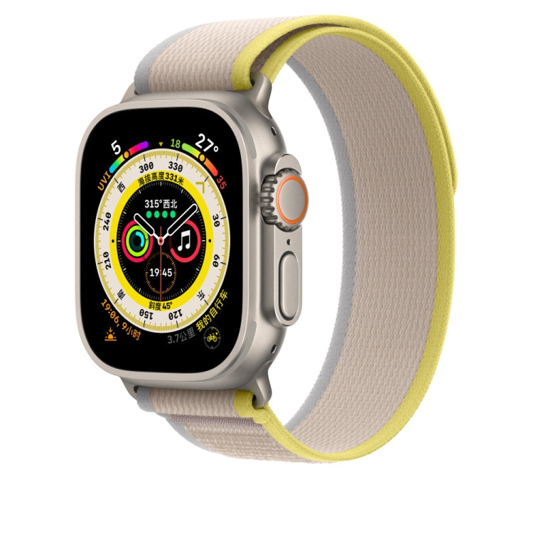 Beige nylon watch band with Apple Watch, adjustable strap and metal buckle.