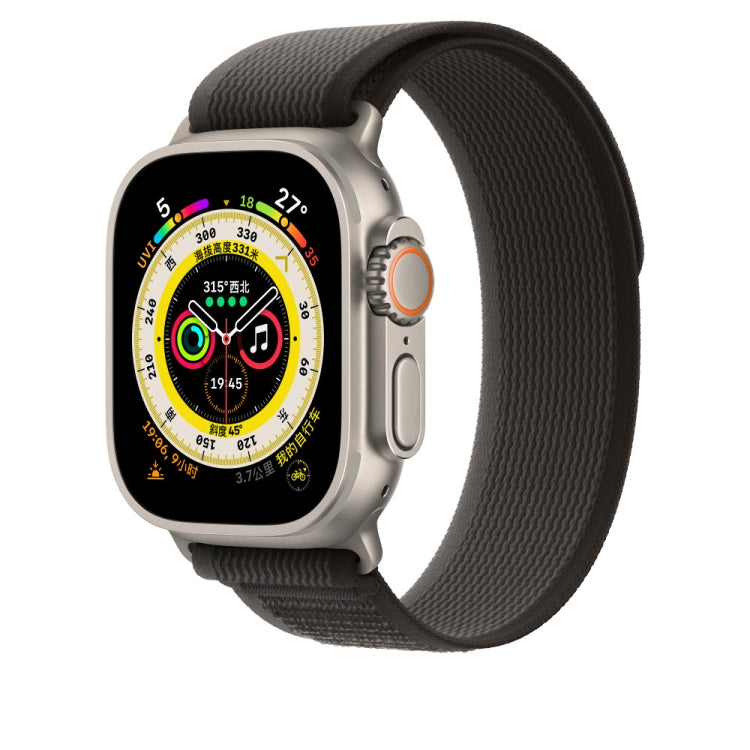 Black nylon watch band with Apple Watch face, ribbed strap and metal buckle.