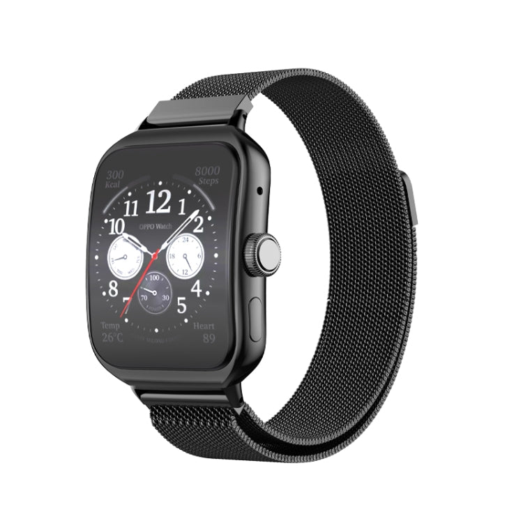 Milanese stainless steel watch band in black, shown with a smartwatch.