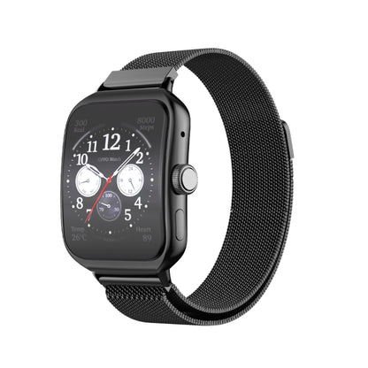 Milanese stainless steel watch band in black, shown with a smartwatch.