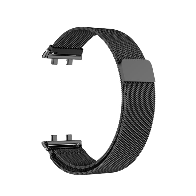 Black milanese stainless steel watch band with clasp ends and connector.