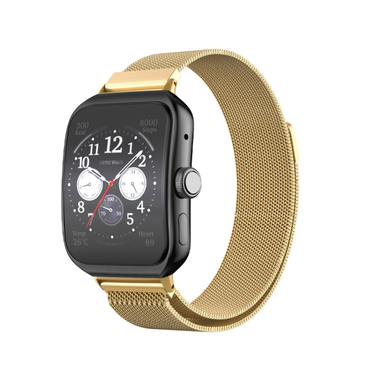 Milanese stainless steel watch band in gold, shown with a smartwatch.