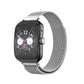 Milanese stainless steel watch band in silver, shown with a smartwatch.