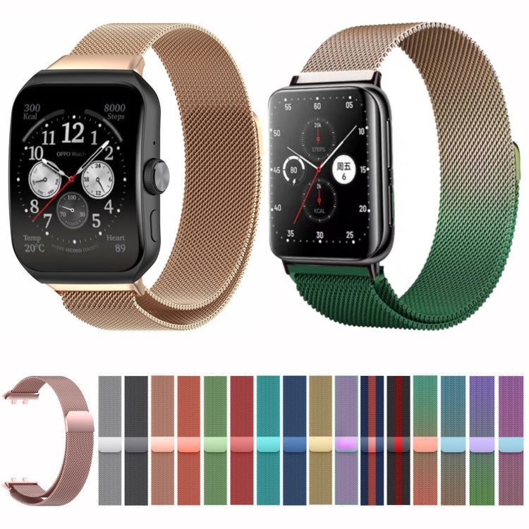 Milanese stainless steel watch bands in multiple colors, shown with two smartwatches.