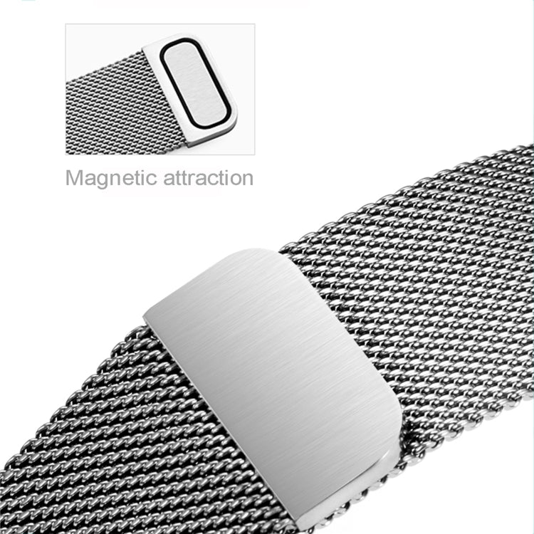 Silver milanese stainless steel watch band clasp close-up with magnetic plate.