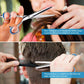 Hair cutting and thinning scissors with blue finger rings used on dry hair