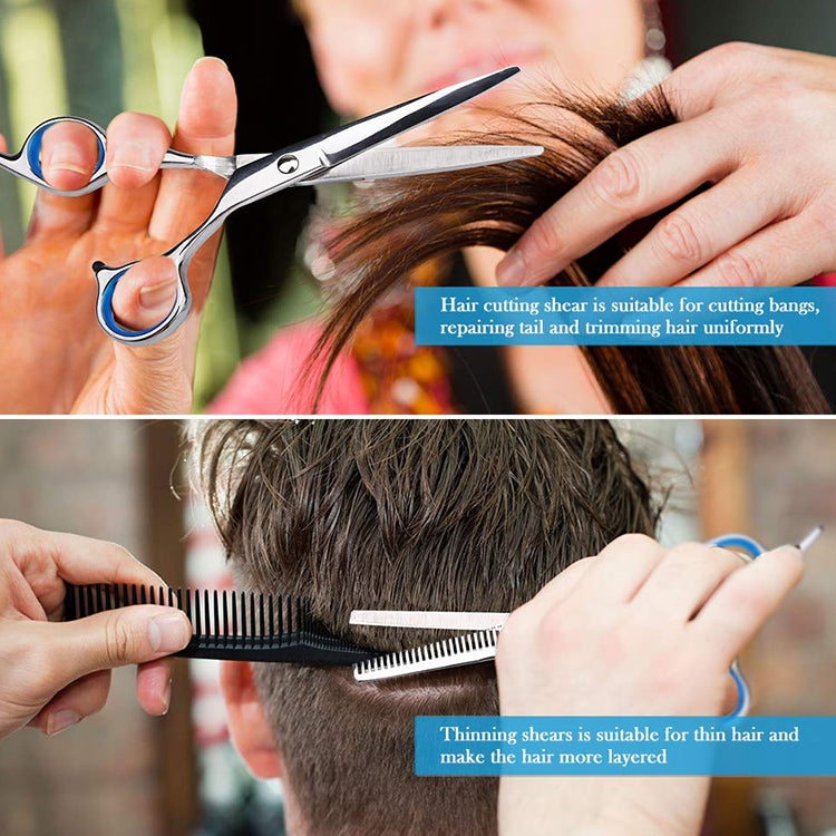 Hair cutting and thinning scissors with blue finger rings used on dry hair