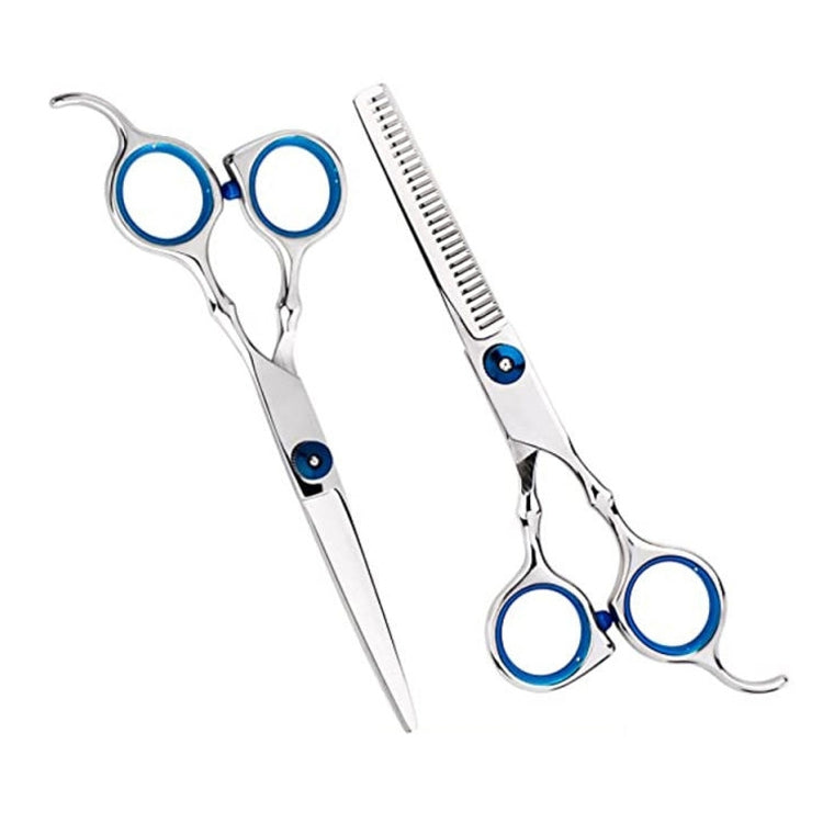 Two hair cutting and thinning scissors with blue finger rings and comb blade