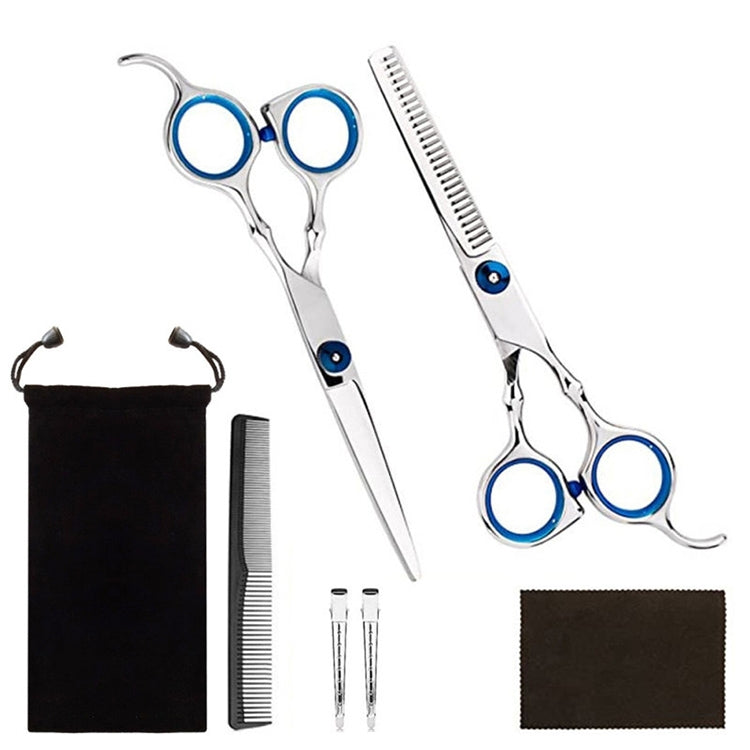 Hair scissors set with blue finger rings, black pouch, and thinning comb
