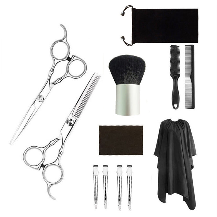 Hair cutting thinning shear set with two silver scissors, combs, brush, and pouch
