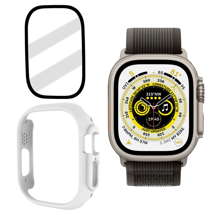 Frosted tempered glass PC watch case for 49mm Apple Watch, white with gray band
