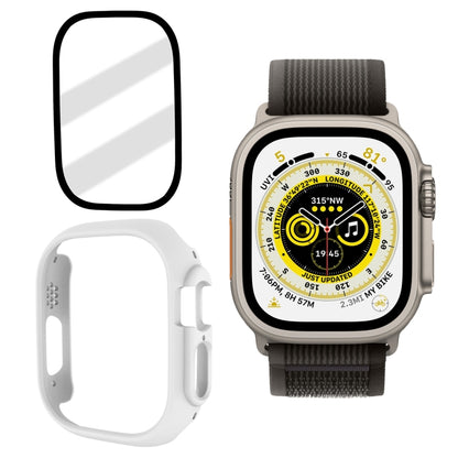 Frosted tempered glass PC watch case for 49mm Apple Watch, white with gray band