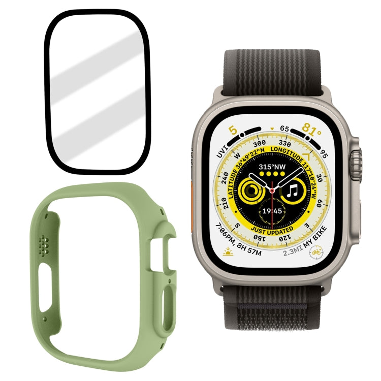 Frosted tempered glass PC watch case for 49mm Apple Watch, mint green with gray band