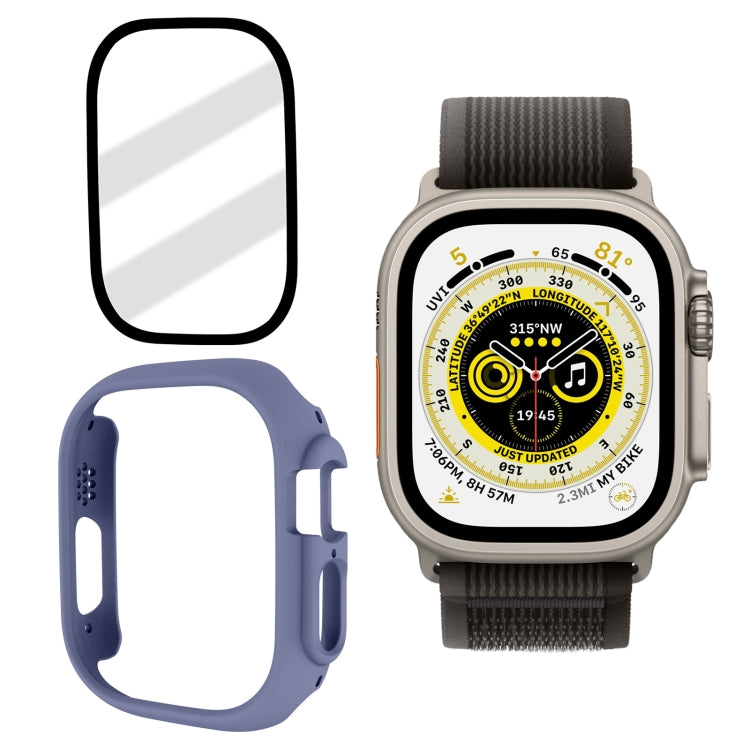 Frosted tempered glass PC watch case for 49mm Apple Watch, light blue with gray band