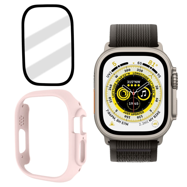Frosted tempered glass PC watch case for 49mm Apple Watch, pink case with gray band