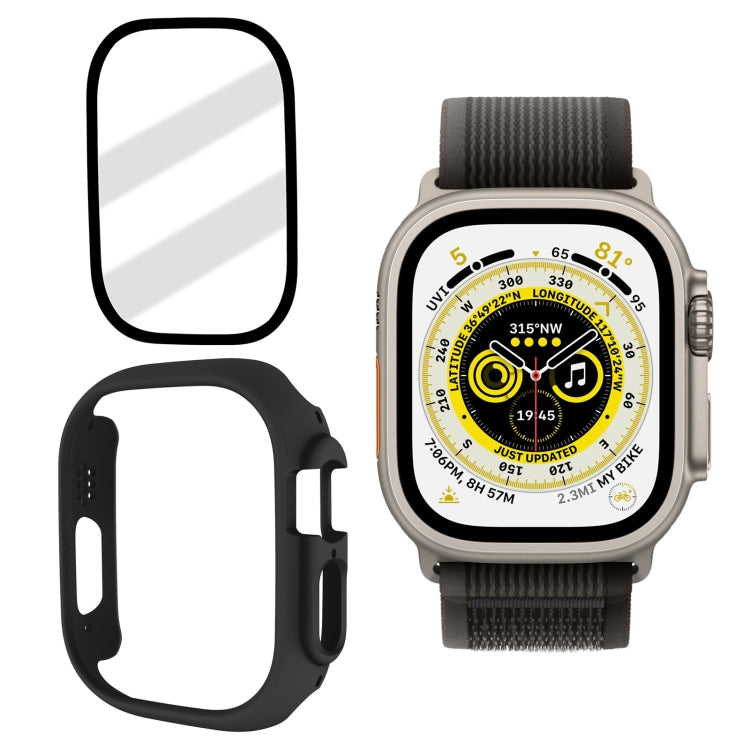 Frosted tempered glass PC watch case for 49mm Apple Watch, black case with gray band