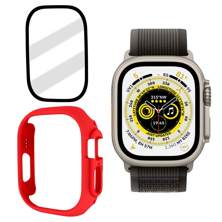 Frosted tempered glass PC watch case for 49mm Apple Watch, red case with gray band
