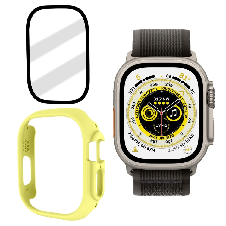 Frosted tempered glass PC watch case for 49mm Apple Watch, yellow case with gray band