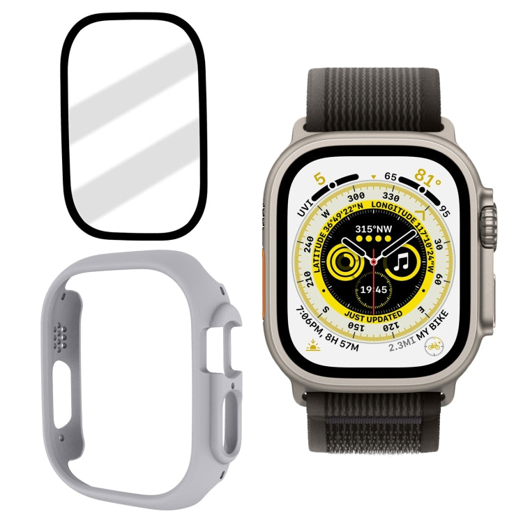 Frosted tempered glass watch case with light gray frame and black screen film