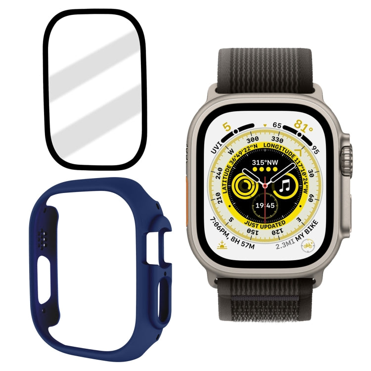 Frosted tempered glass watch case with navy blue frame and black screen film