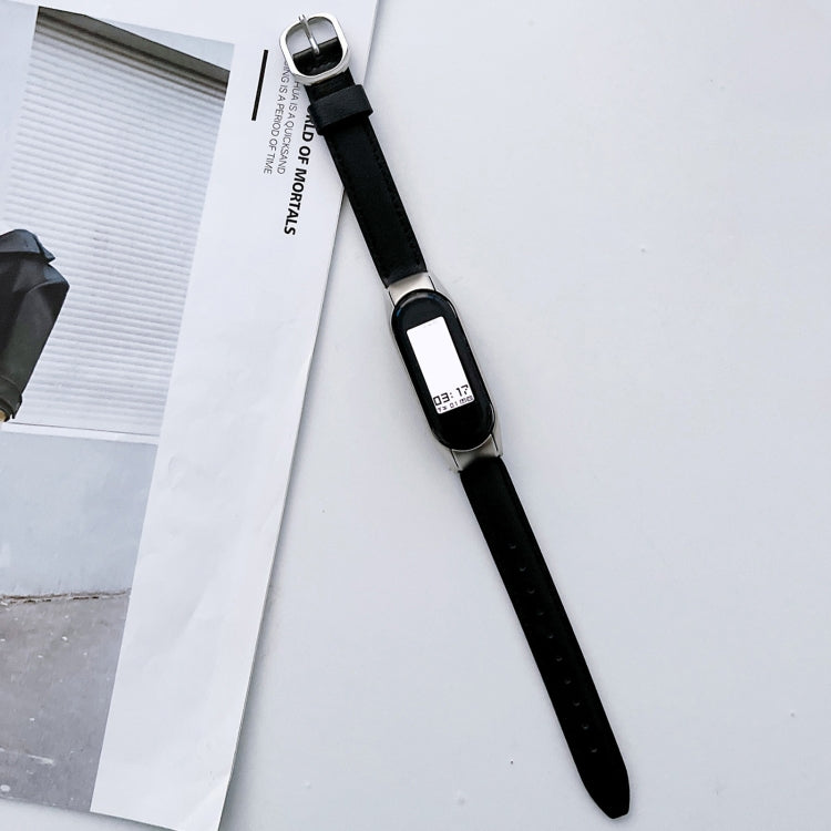 Black genuine leather watch band with silver buckle and black smartwatch face