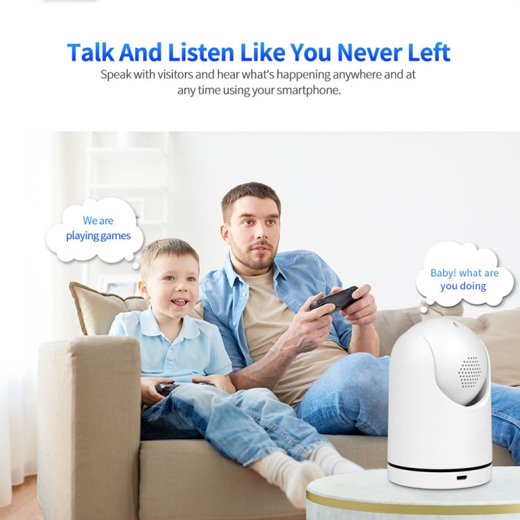 Small white indoor surveillance camera with front speaker grille