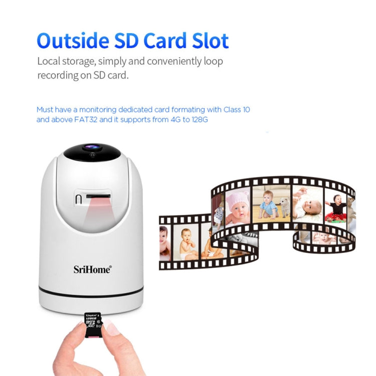 White SriHome surveillance camera showing SD card slot with memory card