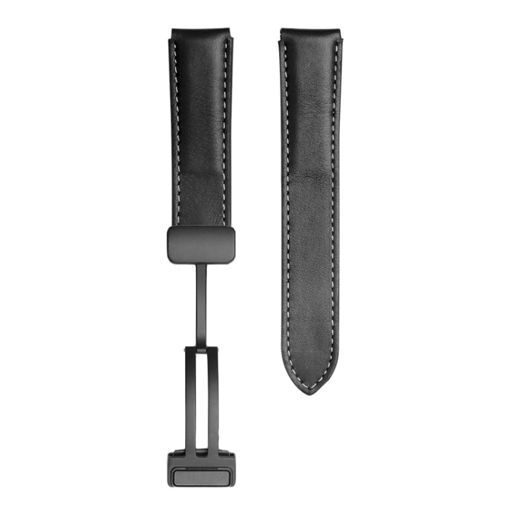 Genuine leather watch band in black with black buckle and stitched edges for Samsung Watch