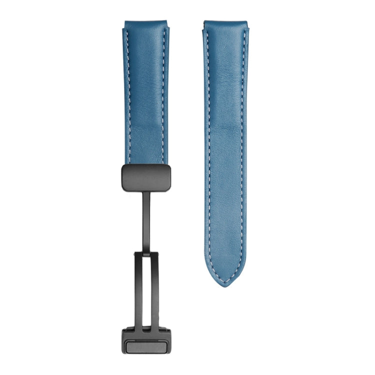 Genuine leather watch band in blue with black buckle and stitched edges for Samsung Watch