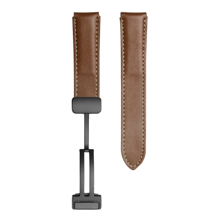 Brown genuine leather watch band with stitched edges and dark metal buckle