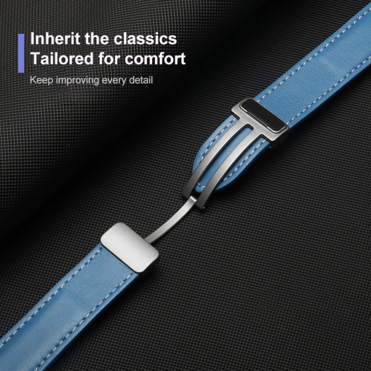 Blue genuine leather watch band with silver folding buckle and stitched edges