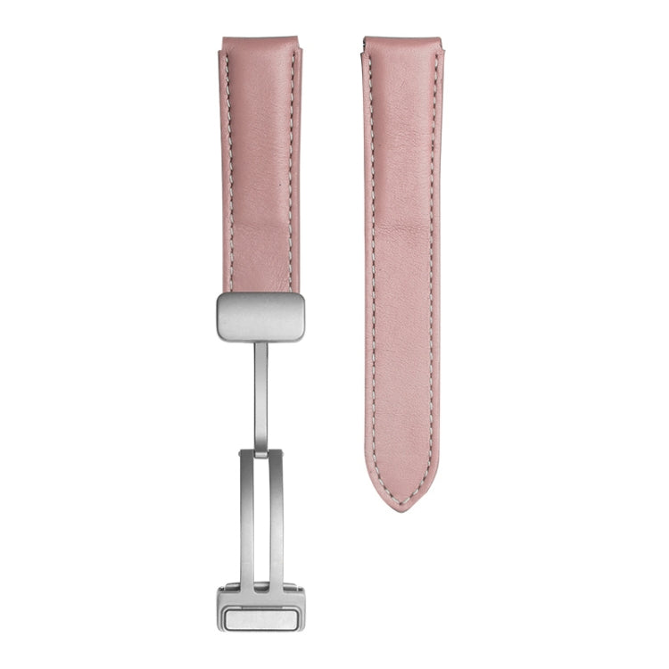 Genuine leather watch band in pink with silver buckle and stitched edges for Samsung Watch