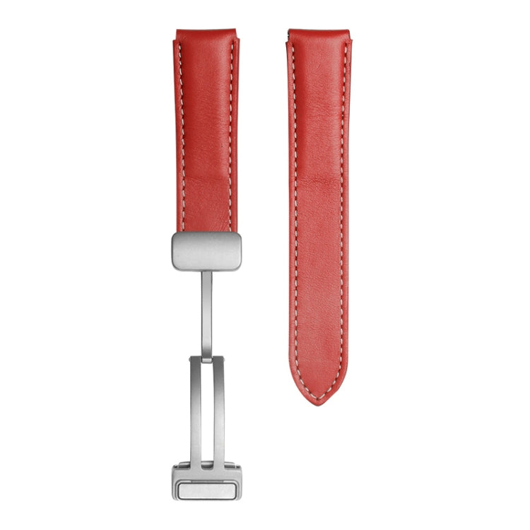 Genuine leather watch band in red with silver buckle and stitched edges for Samsung Watch