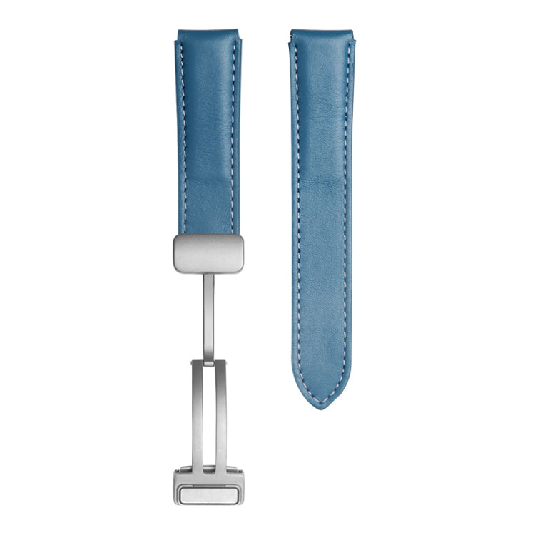 Genuine leather watch band in blue with silver buckle and stitched edges for Samsung Watch