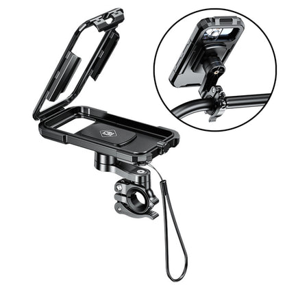 Black waterproof quick-release phone holder with clamp mount for handlebars, angled view