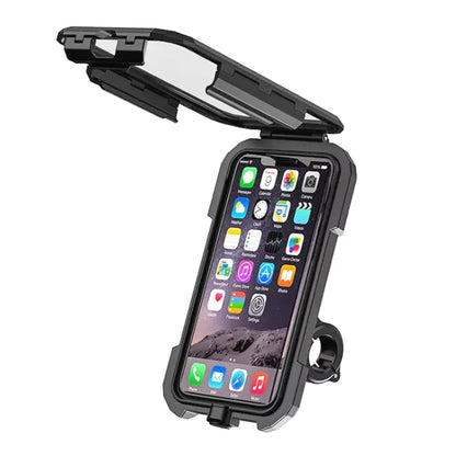 Black waterproof phone holder with wireless charging box and handlebar mount clamp
