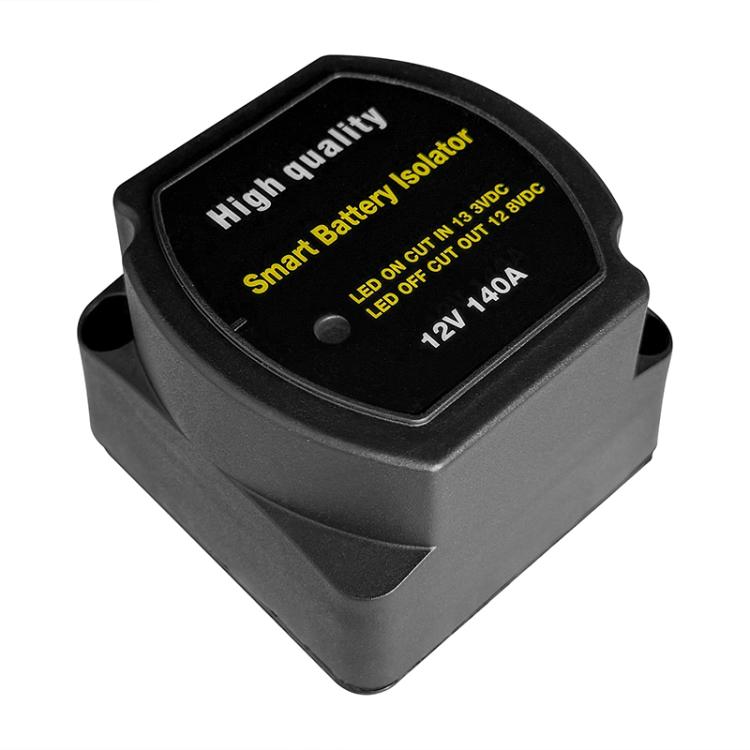 Black 12V 140A smart battery isolator relay with slanted front housing