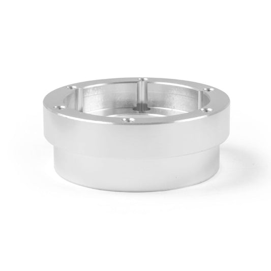Silver 70mm steering wheel adapter ring with bolt holes and center opening