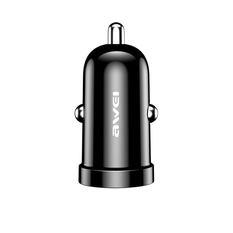 awei C-826 mini dual USB car charger top view, metal shell and prongs, black