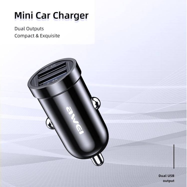awei C-826 mini dual USB car charger with dual USB outputs, compact black cylinder