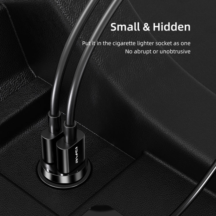 awei C-826 mini dual USB car charger plugged into car socket, compact design