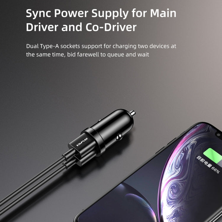 awei C-826 mini dual USB car charger with dual output, power cable connected