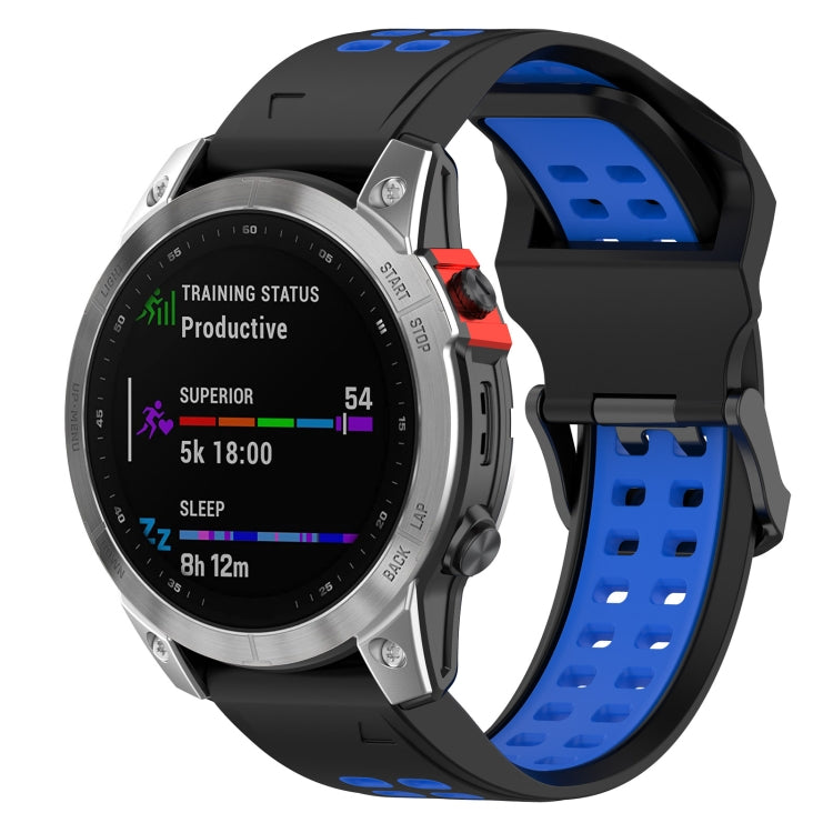 Two-color black and blue silicone watch strap with reverse buckle, vented pattern