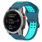 Two-color silicone watch band in blue with teal perforated strap and metal buckle hardware