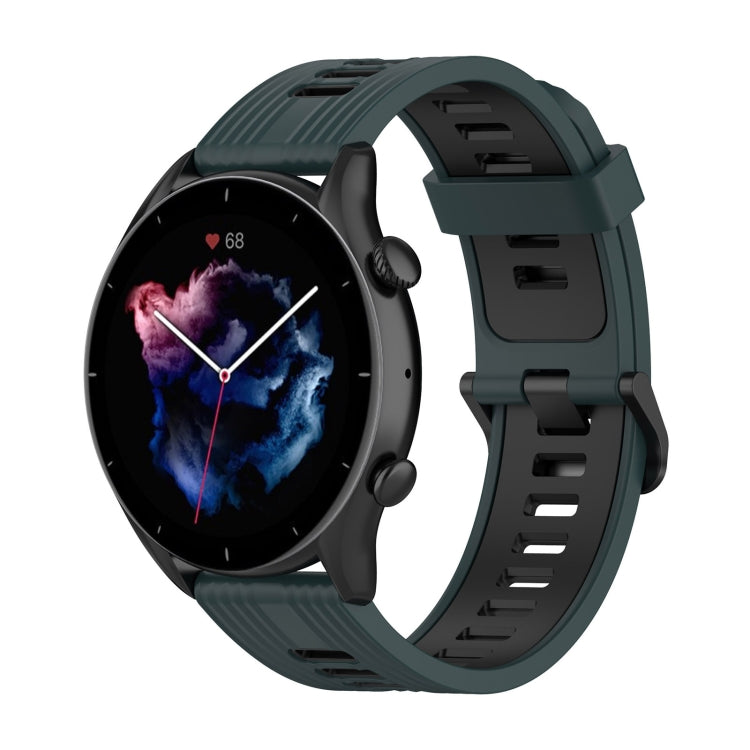 Two-color silicone watch band with olive-green strap and black buckle accents for Amazfit GTR 4