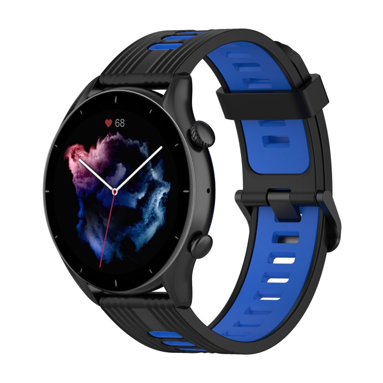 Two-color silicone watch band with blue strap and black buckle accents for Amazfit GTR 4