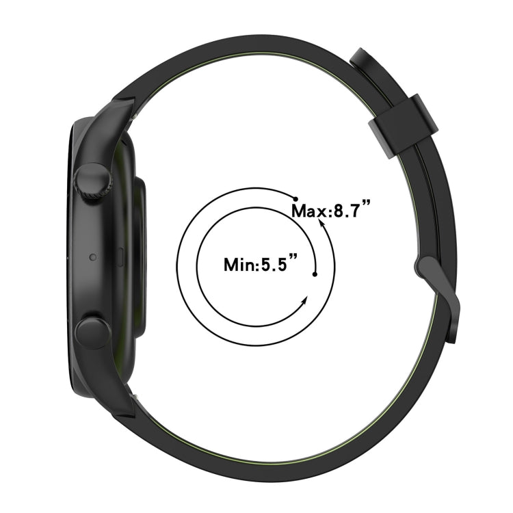 Black silicone watch band with size range labeled Max 8.7 in and Min 5.5 in.