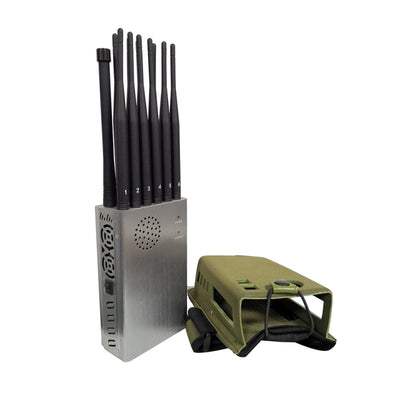 Silver and black mobile signal jammer with antenna array and vented faceplate
